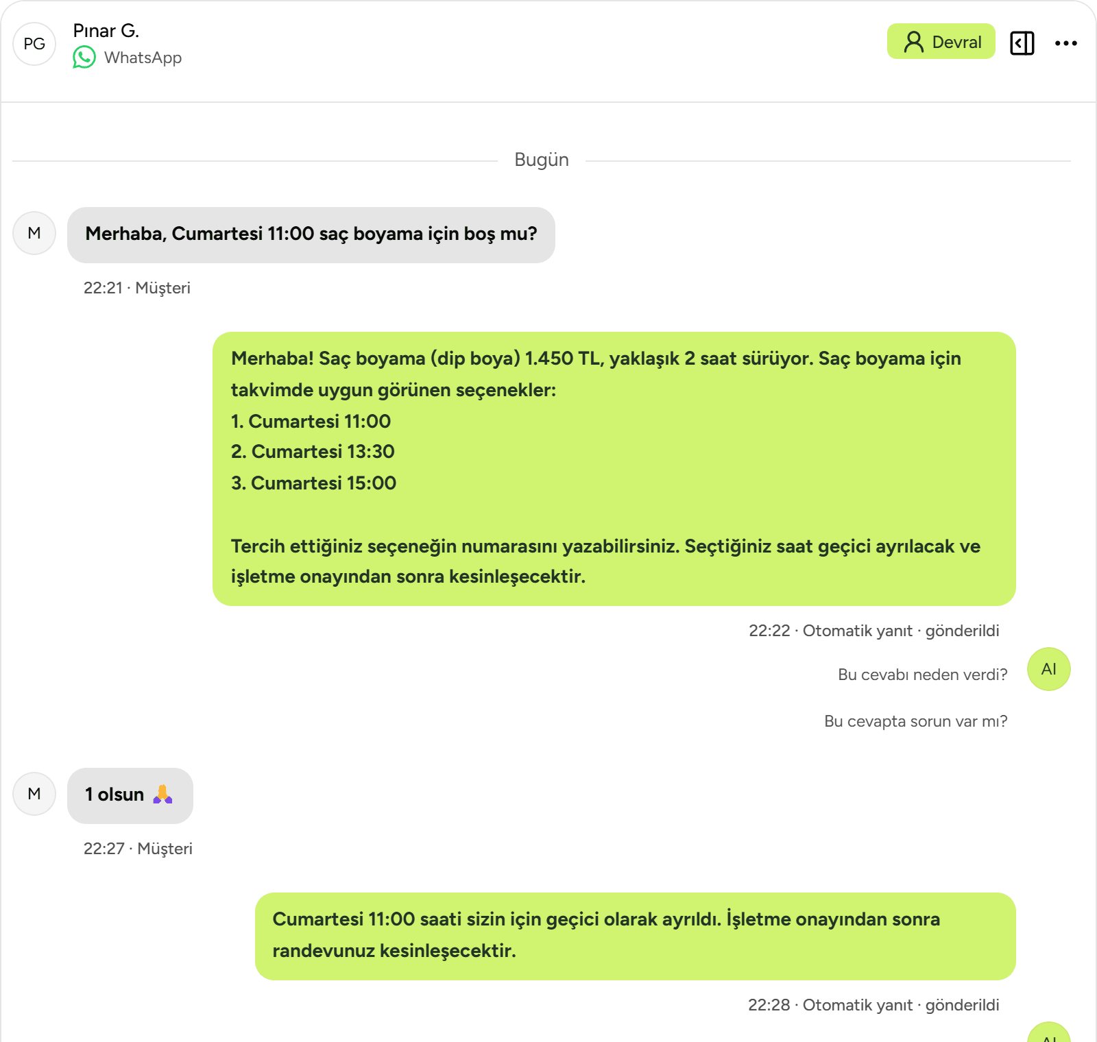 WhatsApp konuşması: müşteri cumartesi saç boyamayı soruyor, asistan fiyatı ve boş saatleri yazıyor