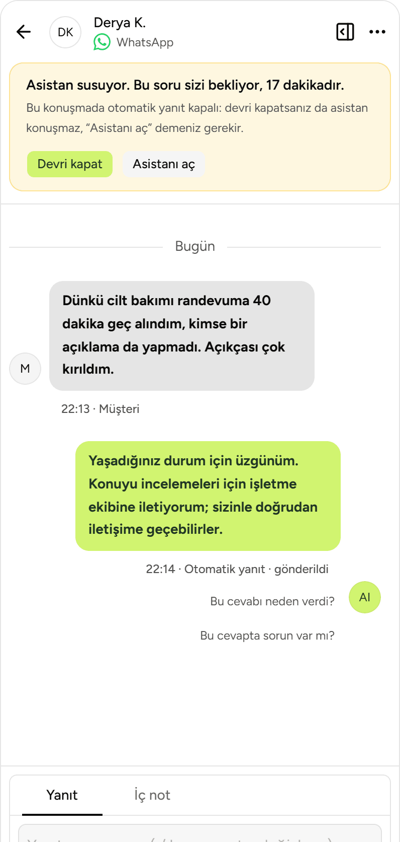 Şikâyet eden müşteri: asistan özür dileyip konuşmayı ekibe devrediyor, otomatik yanıt durmuş