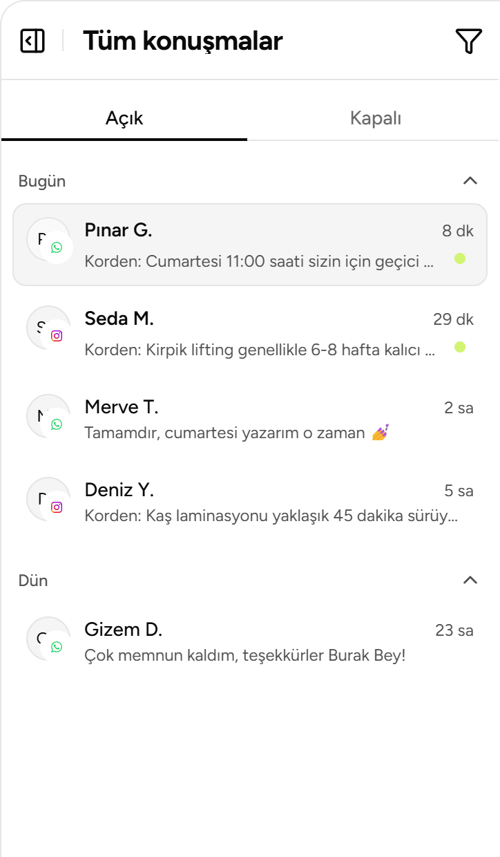 Gelen kutusu: WhatsApp ve Instagram'dan gelen konuşmalar tek listede, asistanın verdiği son cevaplarla