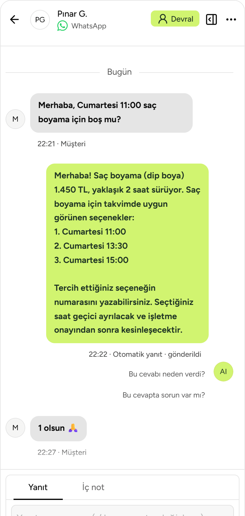 WhatsApp konuşması: müşteri cumartesi saç boyamayı soruyor, asistan fiyatı ve boş saatleri yazıyor