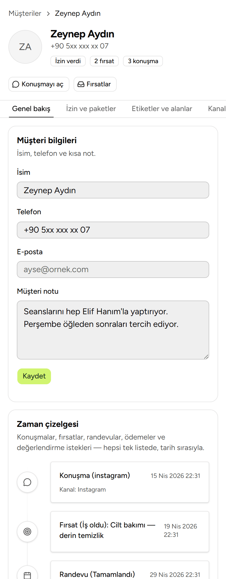 Müşteri kartı: iletişim bilgileri, not, zaman çizelgesi ve kayıt özeti